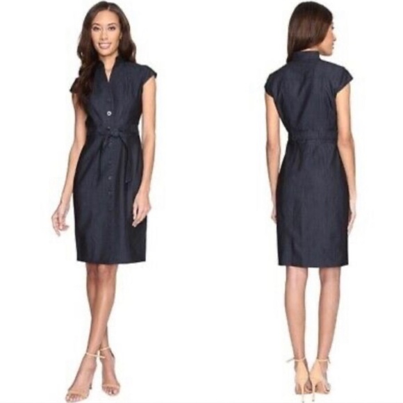 *NWOT* Calvin Klein Chambray Cap Sleeve Belted Button Down Sheath/Shirt Dress - Picture 1 of 14